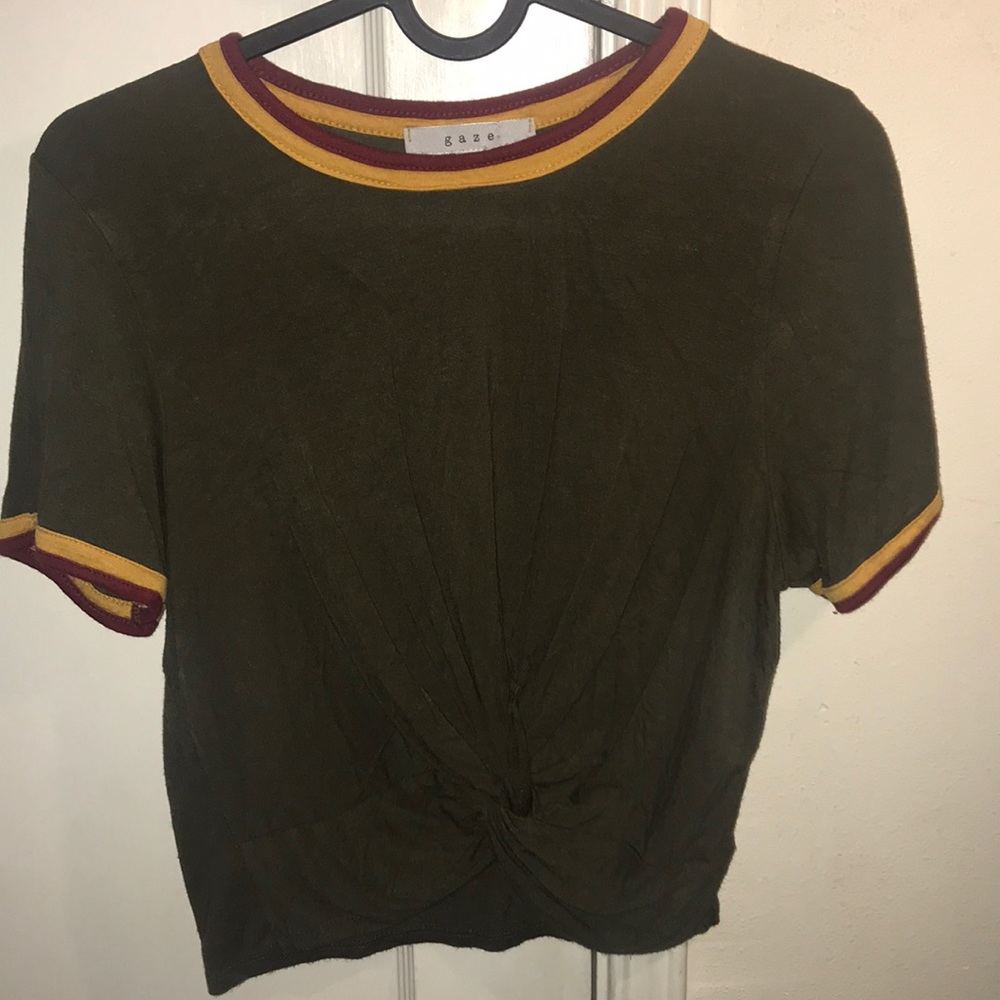 Green crop top with yellow & red stripes